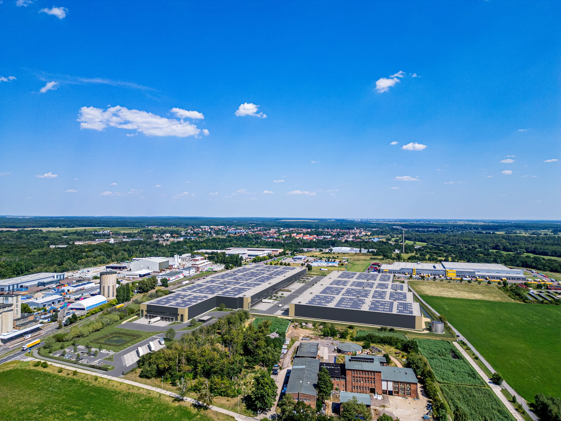 Visualisierung der Logistikimmobilie Coswig von LOGAREA aus der Vogelperspektive, Hallendächer mit Photovoltaikanlage